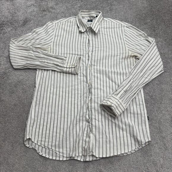 Boss Hugo Boss Slim Fit Linen Button Down Shirt Mens Large Gray White Striped - Picture 1 of 15